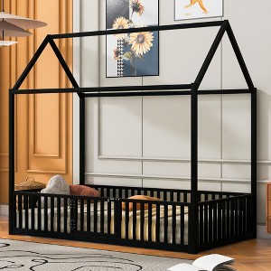 CAVINAS Twin/Full Size House Platform Bed Frame with Fence & Door,Metal Floor Bed for Kids Room,Bedroom - 1 of 4