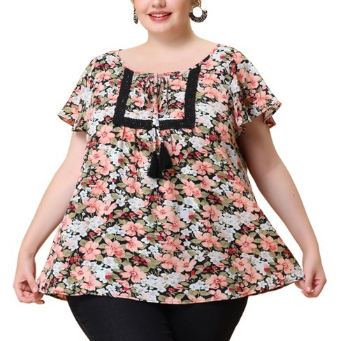 Agnes Orinda Women's Plus Size Floral Short Sleeve Square Tassel Tie Neck  Peasant Tops Black 3x : Target