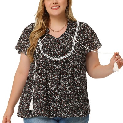 Agnes Orinda Women's Plus Size Bib Peasant Ditsy Floral Tie Neck Keyhole Chiffon Blouse