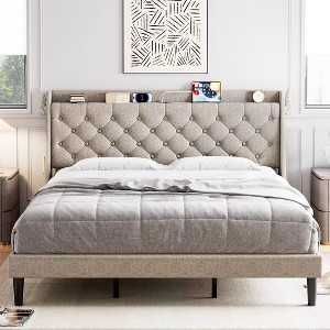 homfan King Size Bed Frame with Charging Ports & Storage Shelf - Wingback Headboard - 1 of 4