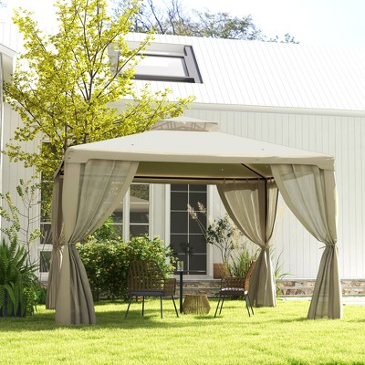 DOMETOUR 9.6' x 11.6' Patio Gazebo, Outdoor Shelter with 2-Tier Roof, Netting, Steel Frame for Garden, Lawn, Backyard, Deck, Cream White