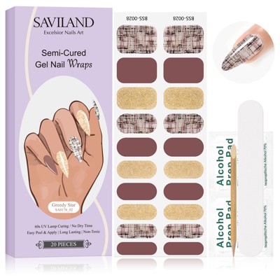 Saviland Women's 20PCS 10 Sizes Semi-Cured Gel Nail Strips Kit - Pink Gold Glitter Design with Tools.