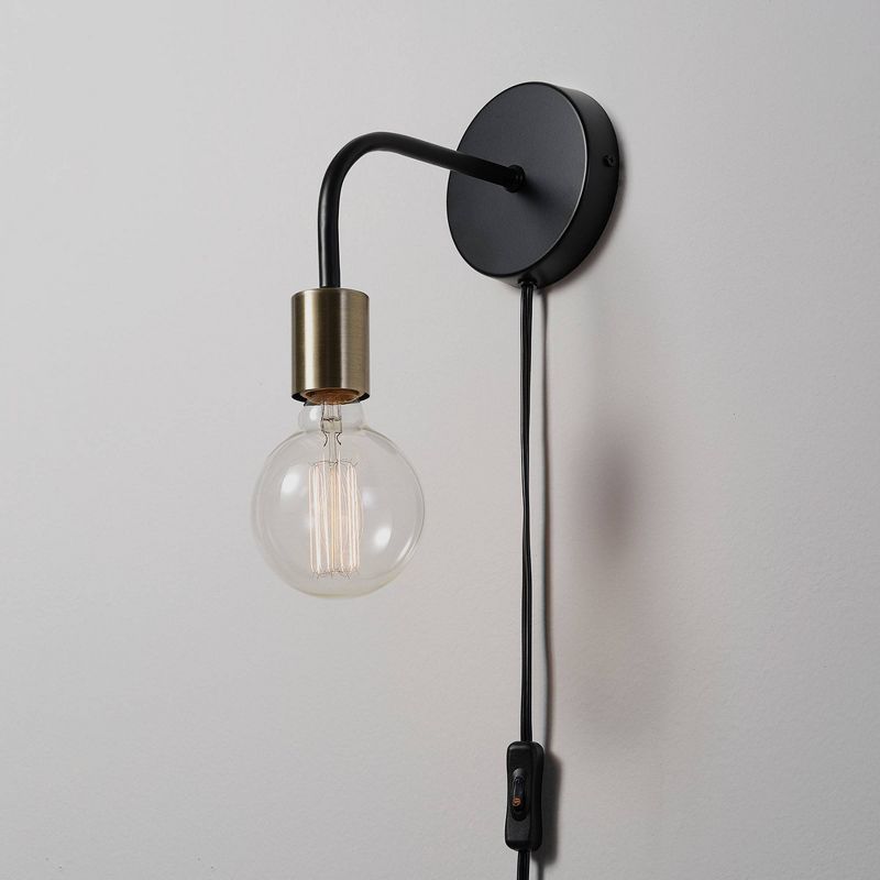 Holden 1-Light Long Arm Matte Black Plug-In or Hardwire Wall Sconce with Brass Socket - Globe Electric, 3 of 8