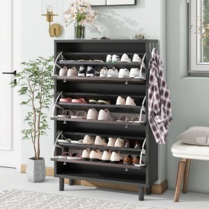 Slender Tipping Bucket Shoe Cabinet with Hooks, 3-Drawer Entryway Organizer, Adjustable Panel Freestanding Rack for Hallway - 1 of 3