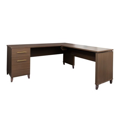 JOMEED L-Shaped Wooden Home Office Desk Adjustable Sit to Stand Ergonomic Corner Desk with 2 Drawer Mobile File Storage Cabinet, Brown