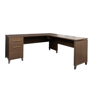 JOMEED L-Shaped Wooden Home Office Desk Adjustable Sit to Stand Ergonomic Corner Desk with 2 Drawer Mobile File Storage Cabinet, Brown - 1 of 4