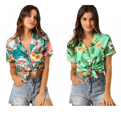 Allegra K Women's Hawaiian Floral Leaves Printed Short Sleeve Button Down Vintage Shirt 2 Pcs