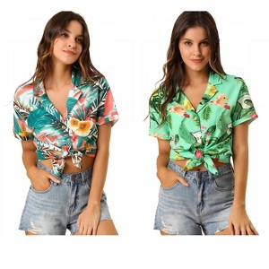 Allegra K Women's Hawaiian Floral Leaves Printed Short Sleeve Button Down Vintage Shirt 2 Pcs - 1 of 4