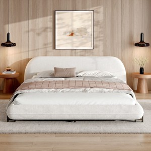 Upholstered Platform Bed with Thick Curved Headboard, Boucle Fabric Wooden Frame Bed for Bedroom-Baofuwish - 1 of 4