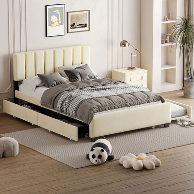 CAVINAS Queen Bed Frame with Headboard, Upholstered Platform, 2 Drawers and 1 Trundle, Classic Bed Frame with Storage Design, Pink