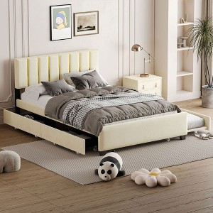 CAVINAS Queen Bed Frame with Headboard, Upholstered Platform, 2 Drawers and 1 Trundle, Classic Bed Frame with Storage Design, Pink - 1 of 4
