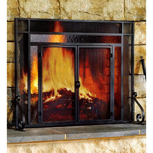 2 Door Steel Fireplace Fire Screen With Tempered Glass Accents