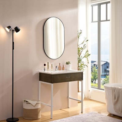 NicBex Glossy Bathroom Mirror for Wall, Rectangle Metal Framed Vanity Mirror, Modern Corner Mirror, Hangs Horizontally & Vertically, Black