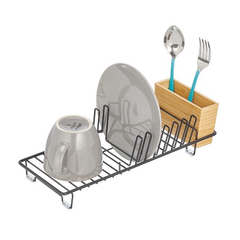 mDesign Steel Compact Dish Drainer Rack + Bamboo Cutlery Caddy