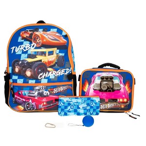 Hot Wheels Burning Rubber 5 Piece Backpack Set for Boys, Featuring Turbo Charged Race Cars, Kids School Bag, Blue - 1 of 4