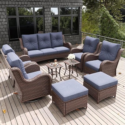 LayinSun Outdoor Patio Furniture Set, Brown Rattan Wicker Sectional Swivel Rocker Chairs Sets with Ottomans, Swivel Glider Chair