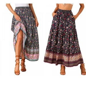 INSPIRE CHIC Women's Boho Casual Floral Printed Elastic Waist Maxi Skirts 2 Packs - 1 of 4