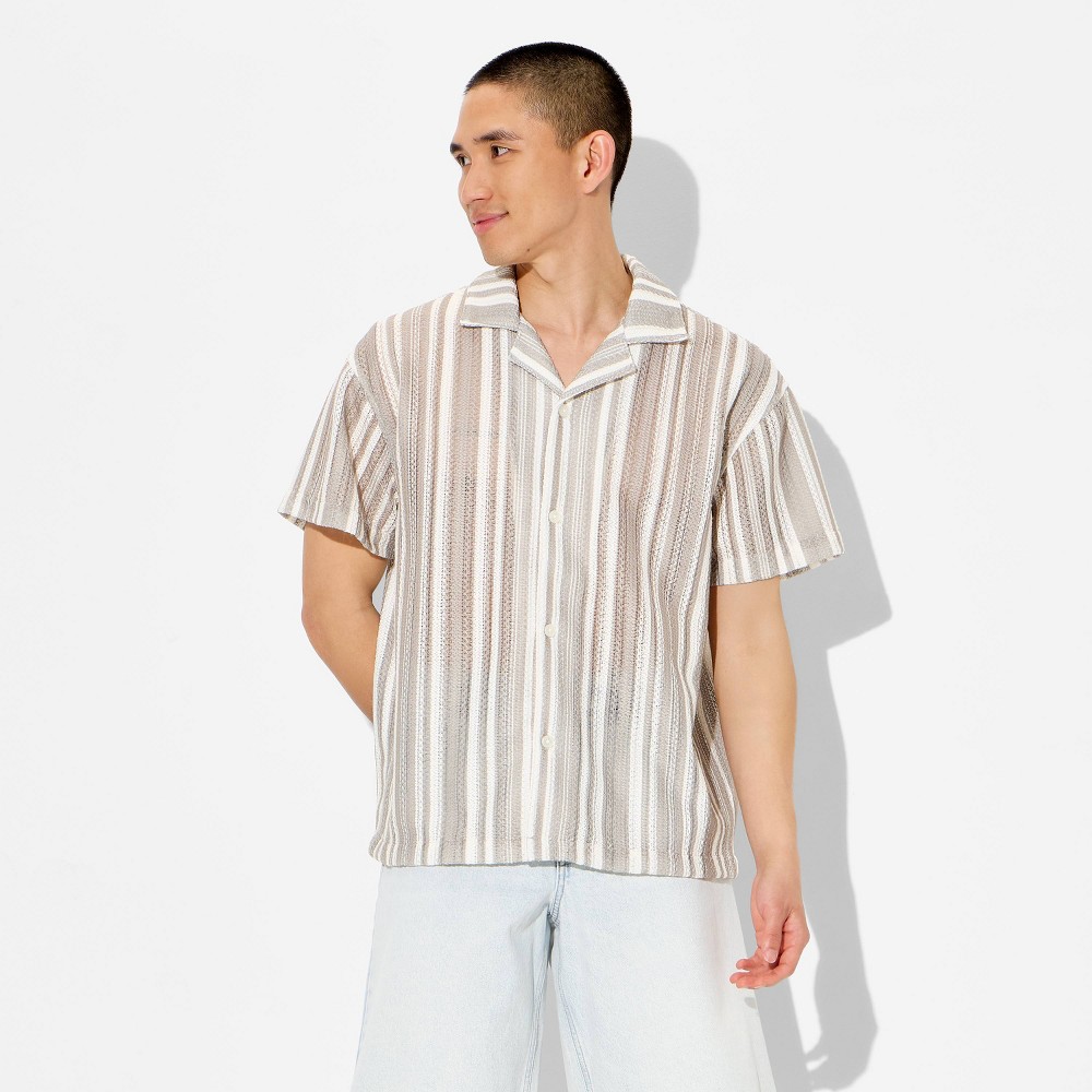 Men's Short Sleeve Camp Collar Button-Down Shirt - Original Use™ Khaki Striped XXL