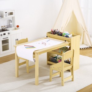 Kids Art Table with 2 Chairs, Wooden Toddler Craft Play Desk with Storage Shelves, Children's Activity Table and Chair Set for Drawing, Study - 1 of 4