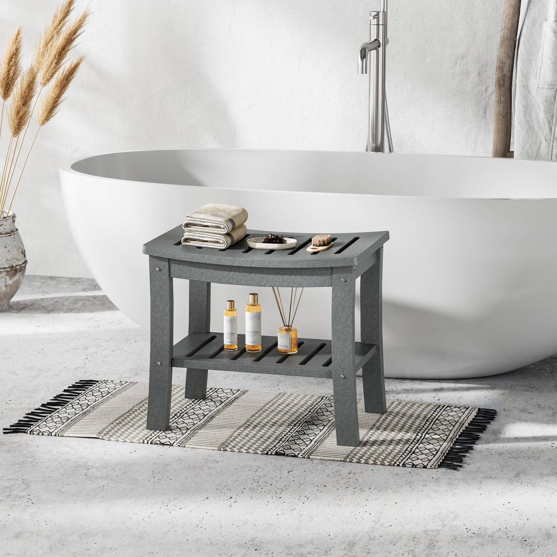 HDPE Shower Bench with Storage Shelf,Waterproof Shower Seat Stool Chair for Bathroom Bathtub,Non-Slip Spa Stool,Indoor Outdoor Use,Space-Saving