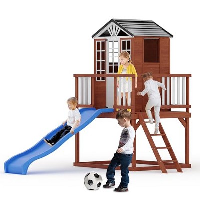 GustoWave Kids Outdoor Playhouse with Slide, 2 Story Wooden Playhouse with Climbing Wall, Elevated Cedar Wooden Kids Playhouse