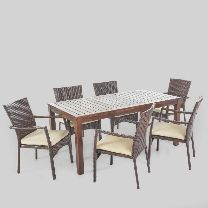 Geelong 7pc Acacia Wood & Wicker Patio Dining Set - Brown - Christopher Knight Home: Weather-Resistant, All-Weather Wicker Chairs, Rectangular Table, 3 of 9