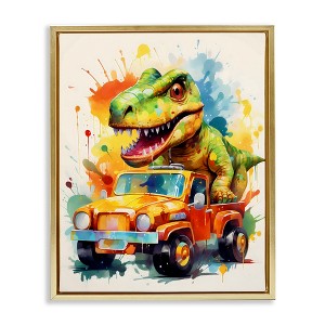 Stupell Industries Riding In Back Dino Car Floating Frame Canvas Art - 1 of 4