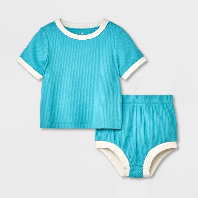 Image of Baby 2pc Solid Short Sleeve Top & Shorts Set - Cat & Jack™ Turquoise Green 0-3M
