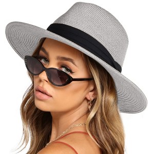 Anna-Kaci Wide Brim Straw Fedora Sun Hat with Black Band Lightweight Packable Summer Panama Hat for UV Protection - 1 of 4