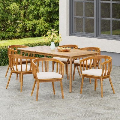 Modern 7 Piece Acacia Wood Outdoor Dining Set,Wood Dining Table and 6 Curved Backrest Arm Chairs,Dining Set for Garden,Backyard-Coolbibila