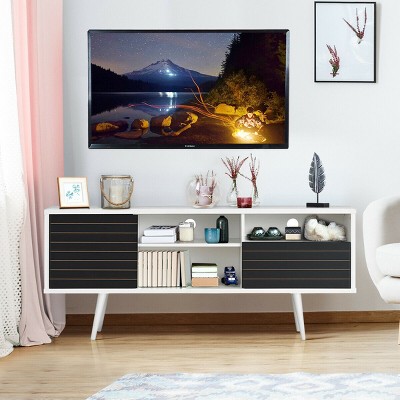 Modern Black and White MDF TV Stand with Cabinet and Shelves