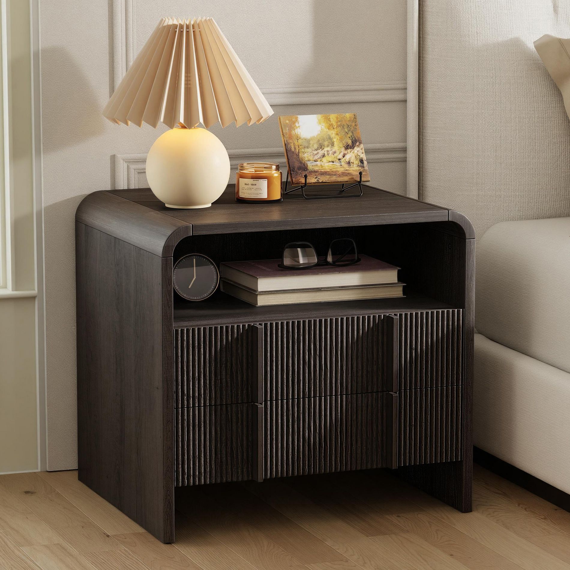 AMERLIFE Modern Nightstand with 2 Drawers & Open Shelf, Engineered Wood, Curved Profile