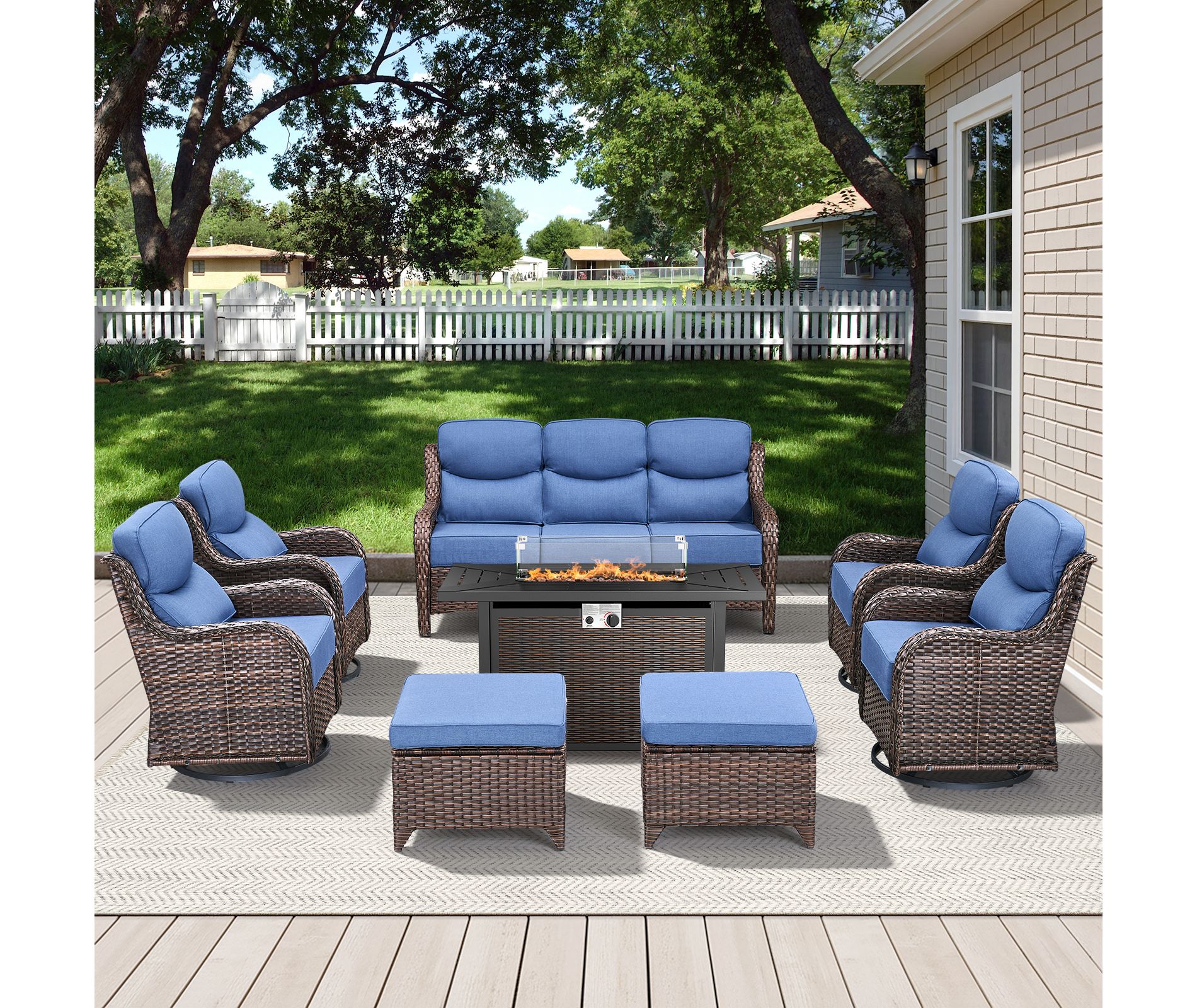 Belord High Back Outdoor Furniture with 6-Inch Thick Cushion, Patio Furniture Set with Fire Pit Table & Swivel Chair, 8PCS Wicker Conversation Set