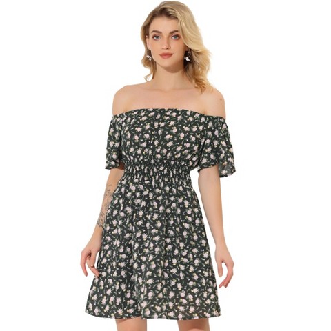 Женские платья INSPIRE CHIC Women's Floral Print Off Shoulder A-Line Smocked Dress Black Small