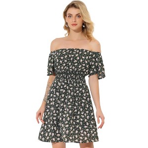 INSPIRE CHIC Women's Floral Print Off Shoulder A-Line Smocked Dress - 1 of 4