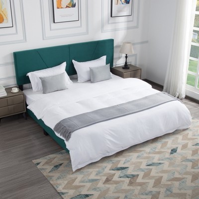 DOMETOUR King Size Platform Bed Frame with Upholstered Headboard and Wood Slats Support Green