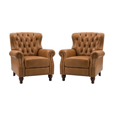 Set of 2 Justine Transitiona Wooden Upholstery Genuine Leather Recliner with Nailhead Trim for Living Room and Bedroom  | ARTFUL LIVING DESIGN