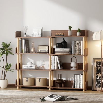 LOVSON 4 Tier Expandable Rotating Bookcase, Wooden Corner Bookcase, CD/Movie/Book Organizer, Practical Storage Shelf for Living Room Home Office
