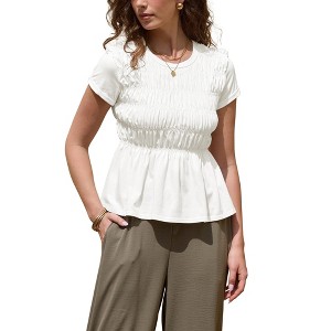 INSPIRE CHIC Women's Peplum Summer Smocked Ruched Crew Neck Cap Sleeve Babydoll Tunic Blouse - 1 of 4