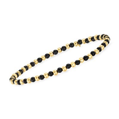 Ross-Simons 3mm Onyx and 10kt Yellow Gold Bead Stretch Bracelet Size 8