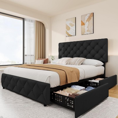 Queen Size Bed Frame with 4 Storage Drawers and Adjustable Headboard, Linen Upholstered Platform Bed Frame, Diamond Stitched Button Tufted, Black