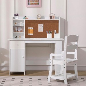 Kids Desk and Chair Set, Wooden Study Table with Storage Shelf, Bulletin Board, Children School Learning Desk Set, Writing Table for Boys and Girls - 1 of 4