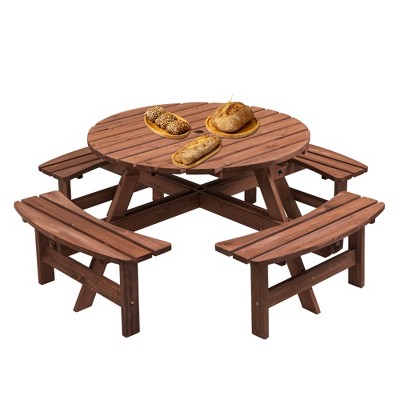 8 Person Wooden Picnic Table, Outdoor Camping Dining Table with Seat, 2220lb Capacity