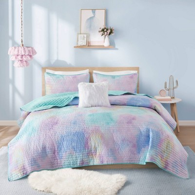 Full Blue Microfiber Watercolor Tie Dye Quilt Set