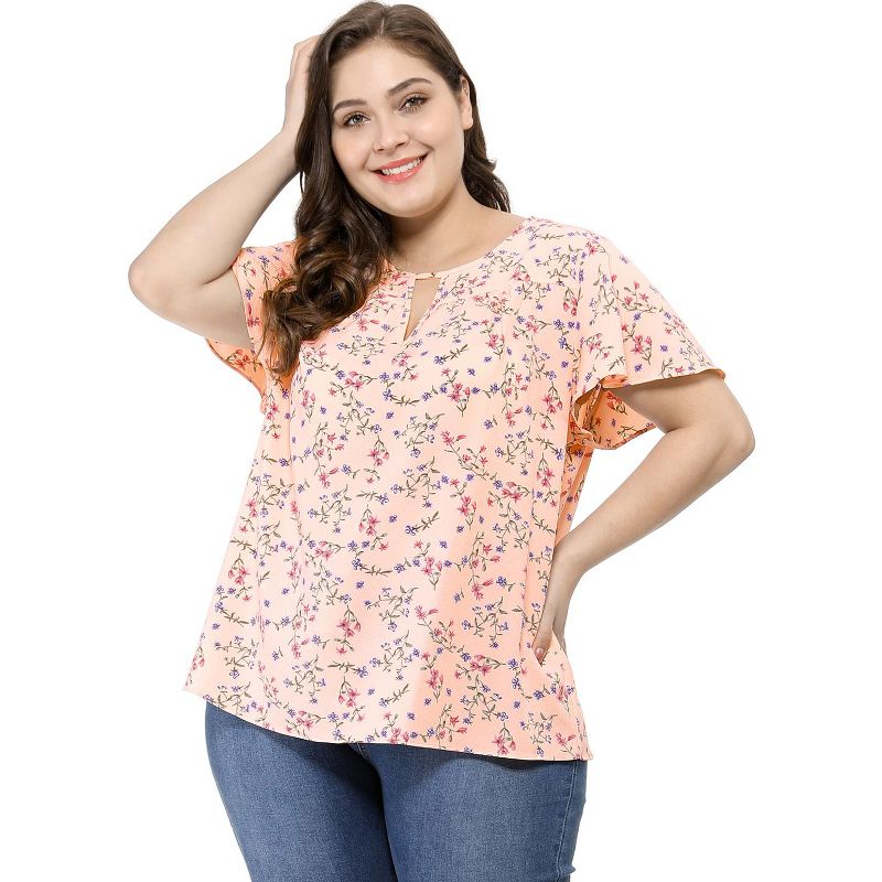 Agnes Orinda Women's Plus Size Keyhole Floral Chiffon Short Flared Sleeve Summer Trendy Peasant Tops, 4 of 9
