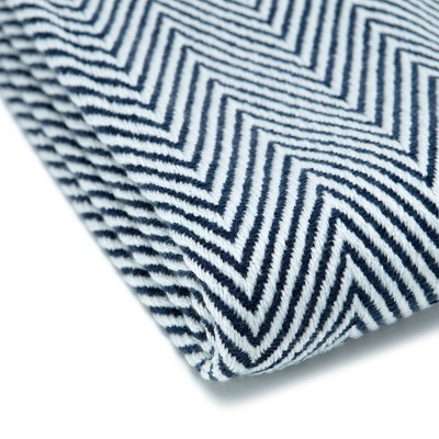 Navy and White Chevron Knitted Acrylic Throw Blanket with Tassels