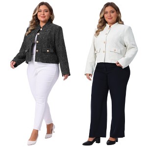 Women's Plus Size Tweed Plaid Pockets Long Sleeve Button Down