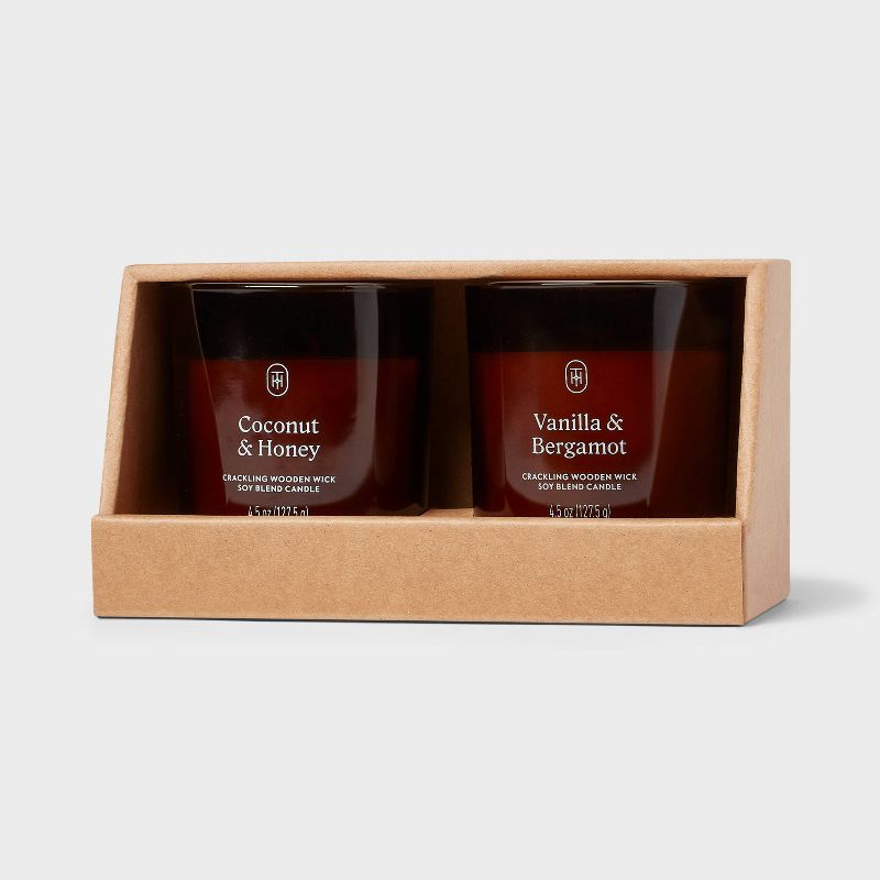 Amber Glass Jar Candle Set with Vanilla, Bergamot, Coconut, and Honey Scents