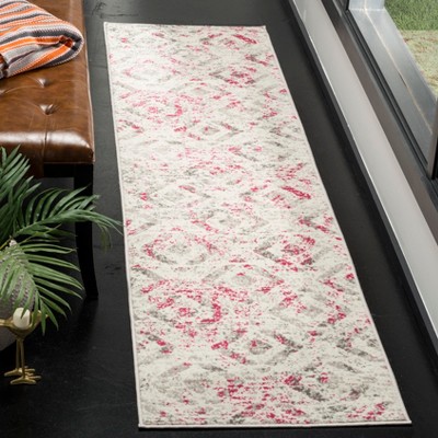 Ivory and Pink Synthetic Medallion Runner Rug, 2' x 8'