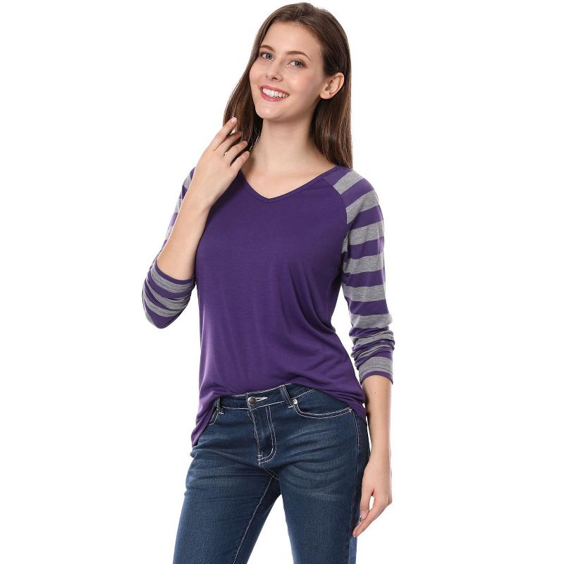 Allegra K Women's Striped V Neck Long Raglan Sleeve T-Shirts, 3 of 6